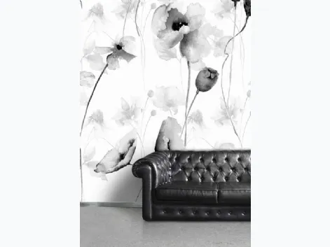 Carta da parati Grafiche Floreali CP0126 con papaveri acquarellati in bianco e nero di Pintdecor