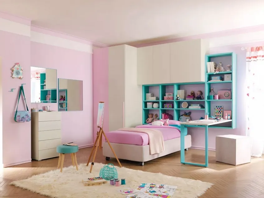Cameretta a ponte per ragazze con letto in tessuto KC408 di Moretti Compact