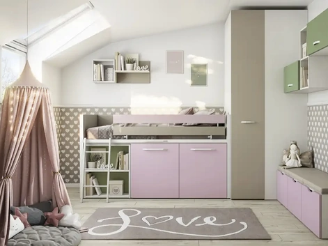 Cameretta salvaspazio Room 02 con letto rialzato e moduli e scrivania estraibili di Bloom