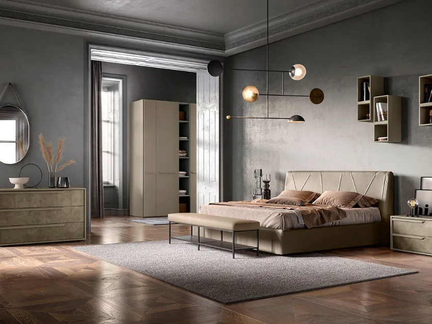 Letto in tessuto imbottito con testiera G06 Lotus e Omega di Mercantini