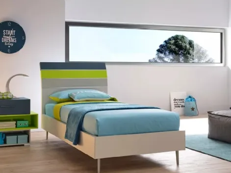 Letto singolo in nobilitato Quarzo con testiera Bend in laccato Pavone, Verde Cedro e  Corda SC113 di Moretti Compact