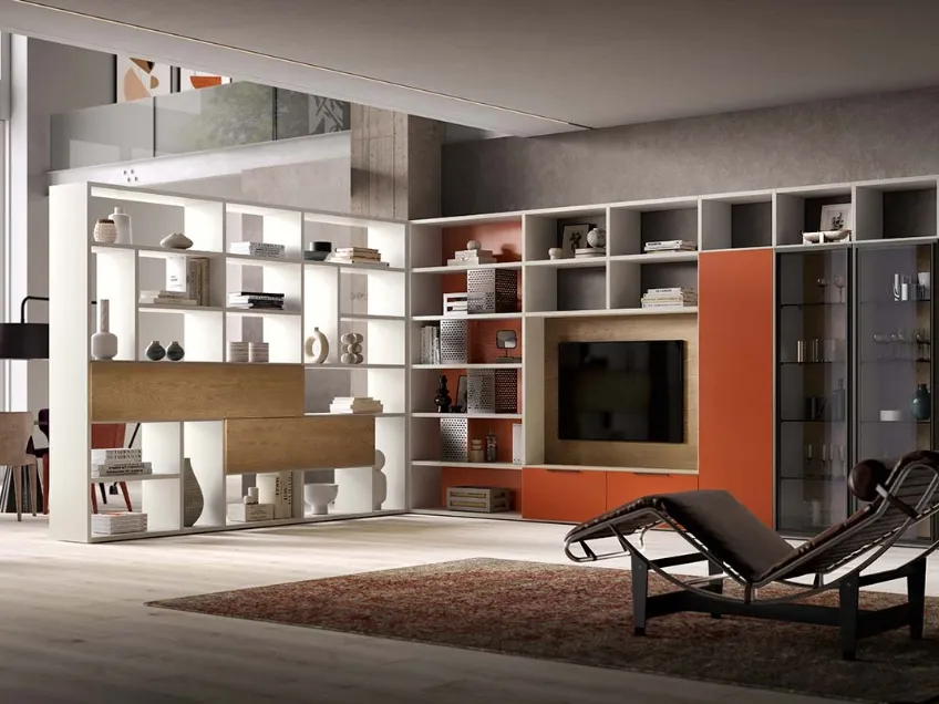 Libreria divisoria e a muro Kosmos KL211 in laccato opaco e legno di Mercantini