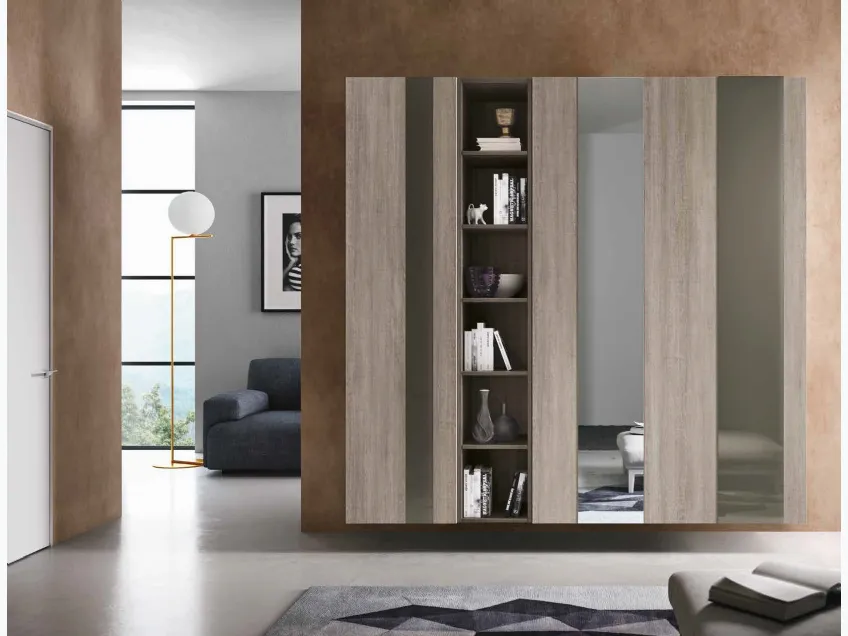 Mobile ingresso Mini 306 in rovere cenere, rovere fumo, vetro laccato e specchio argento di Artigianmobili