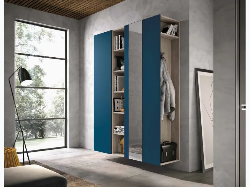 Mobile ingresso Mini 308 in laccato blu opaco, rovere cenere e specchio argento di Artigianmobili