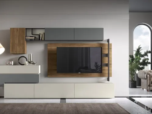 Parete Attrezzata Soggiorno 03-2 in laccato opaco e melaminico effetto legno di Corso 11