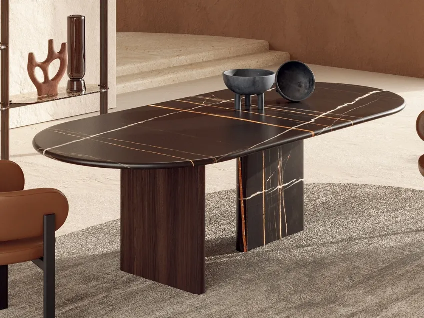 Tavolo con top in marmo e base in marmo e legno Monolith di Nature Design