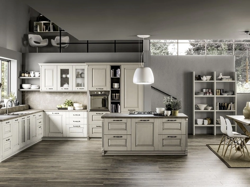 Cucina Classica angolare con isola centrale Nora 02 in legno Decapé Gesso ed Ecru di Arrex