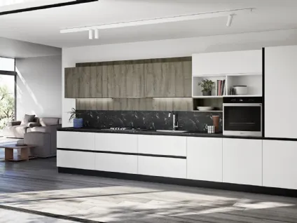 Cucina Moderna lineare Easy 011 in pet bianco e rovere di Ar-due