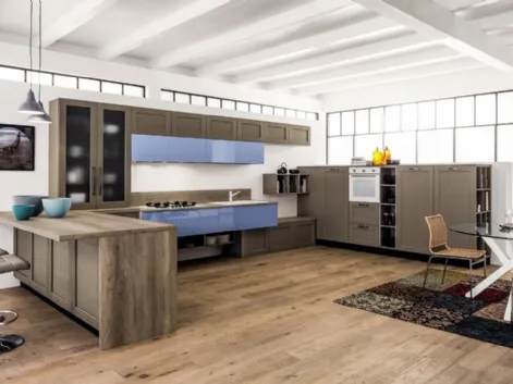 Cucina Moderna angolare con penisola Curry mod Timo in Rovere laccato e laccato lucido colore Nuvola di Arrex