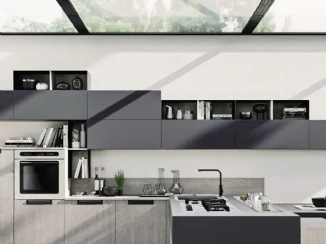 Cucina Moderna angolare in laminato effetto cemento con penisola Loft Wall di Arrex