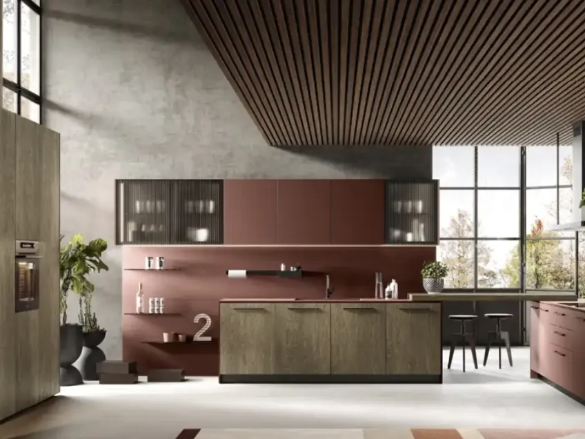 Cucina Moderna con isola College 02 in rovere yuta e fenix rosso jaipur di Moretti Cucine