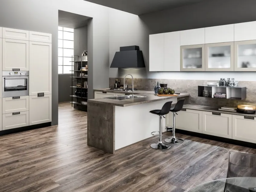 Cucina Moderna con penisola Dallas 04 in PET Cappuccino e Bianco di Arrex