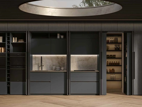 Cucina Moderna lineare Daytona Living in pet Ardesia con ante scorrevoli in legno di Arrex
