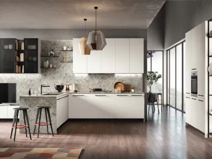 Cucina Moderne Easy laccato Bianco e finitura Mainland top e pannello sul retro di Moretti Cucine