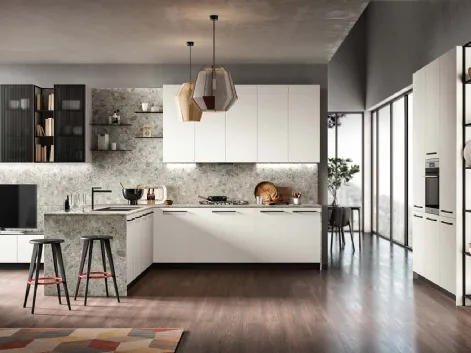 Cucina Moderne Easy laccato Bianco e finitura Mainland top e pannello sul retro di Moretti Cucine