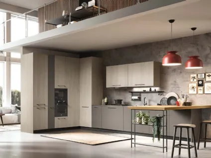 Cucina Moderne Easy finitura Olmo e laccato Grigio Scuro con penisola Rovere Naturale di Moretti Cuc