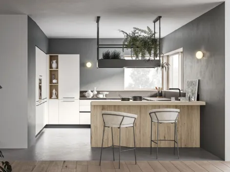 Cucina Moderna angolare Infinity 05 in laccato bianco diamante con penisola in laminato rovere nordico di Gicinque