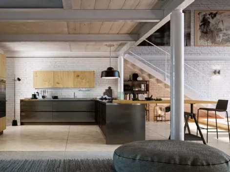 Cucina Moderna angolare con penisola Infinity 08 in laminato effetto metallo e rovere alaska di Gicinque