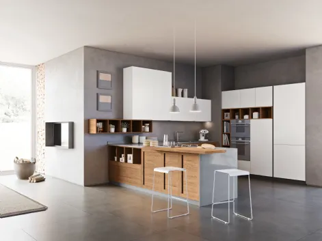 Cucina Moderna con penisola Intesa 003 in laccato bianco e rovere di Ar-due