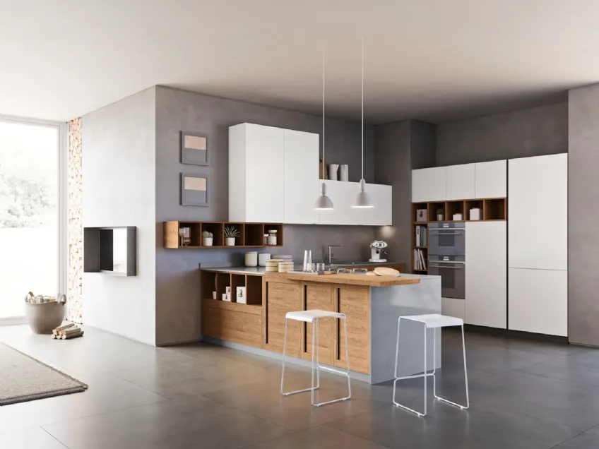 Cucina Moderna con penisola Intesa 003 in laccato bianco e rovere di Ar-due