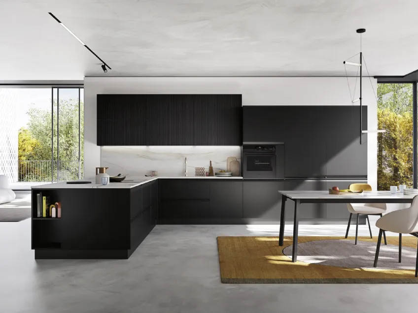 Cucina Moderna con penisola K10 002 in laccato e cannettato nero di Ar-due