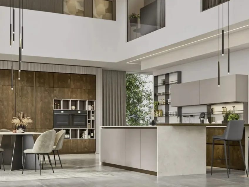 Cucina Moderna con isola Loft 2|2 04 in laccato opaco e Rovere di Arrex