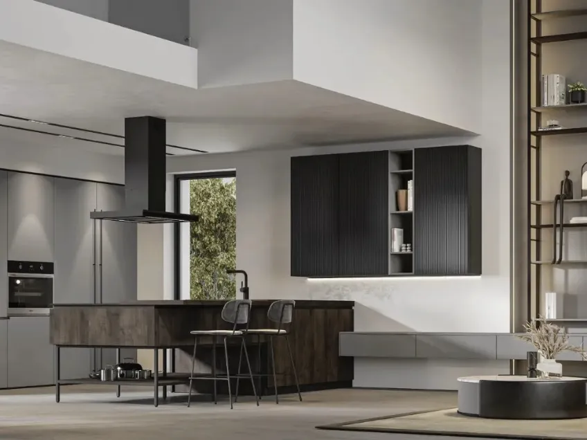 Cucina Moderna con penisola Loft 2|2 12 in Old Oak Petrolio e laccato di Arrex