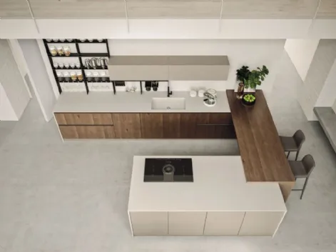 Cucina Moderna con isola e penisola Loft Wood finitura Pepe e laccato Beige di Arrex
