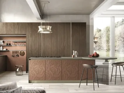 Cucina Moderna con isola Mirage 04 in melaminico rovere e malta con decoro di Moretti Cucine