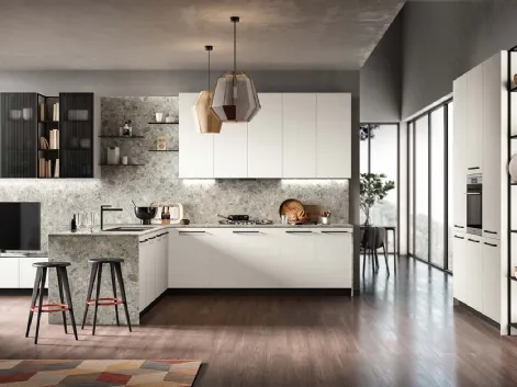 Cucina Moderna con penisola Easy finitura laccato Bianco opaco e Mainland per top e schienale di Moretti Cucine