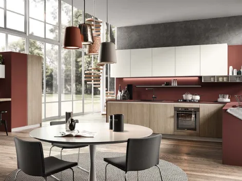 Cucina Moderna angolare Evolution finitura Frassino Cenere, Rosso Palatino e Bianco Ice di Moretti Cucine