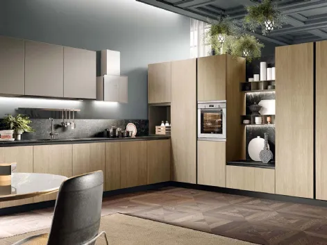 Cucina Moderna angolare Evolution in melaminico Rovere Naturale, pensili in laminato Grigio scuro e top in HPL marmo di Moretti Cucine