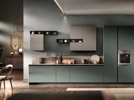 Cucina Moderna Venere in laccato opaco Muschio e Perla con top in HPL Marmo Botticino di Moretti Cucine