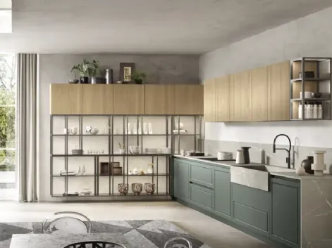 Cucina Moderna ad angolo Myriad 04 in laccato muschio e melaminico rovere miele di Moretti Cucine