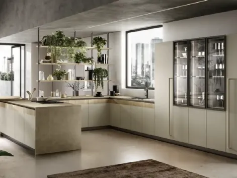 Cucina Moderna con penisola Natural 04 in laccato opaco tortora e melaminico rovere di Moretti Cucine