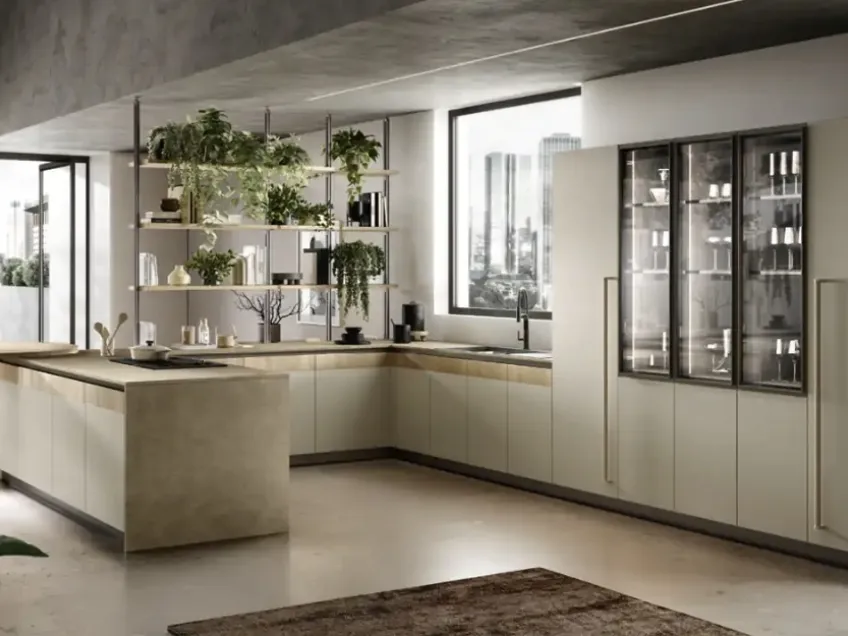 Cucina Moderna con penisola Natural 04 in laccato opaco tortora e melaminico rovere di Moretti Cucine