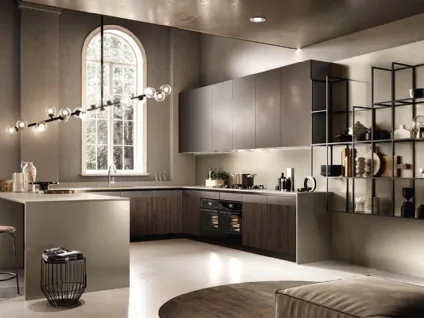 Cucina Moderne Natural finitura Rovere Fiammato e laccato Cacao di Moretti Cucine