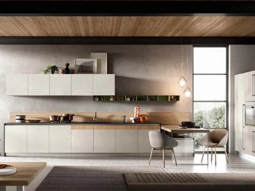 Cucina Moderne Natural laccato malta Spatolato Nebbia e Rovere Naturale di Moretti Cucine
