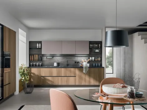Cucina Moderna lineare Smart 05 in finitura rovere cuoio con pensili in laminato creta di Gicinque