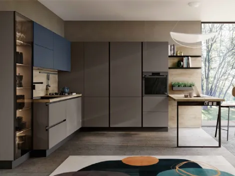 Cucina angolare Moderna in laccato Grafite e Blu con top e schienali in Quercia Tropea DM0683 di Imab