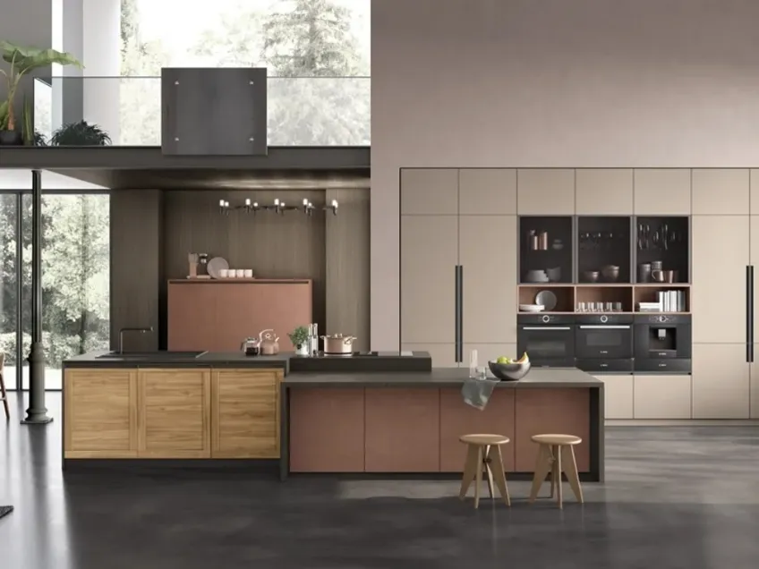 Cucina con isola Twin 06 Okobo Natural e Lab Oxide Marrone di Arrex