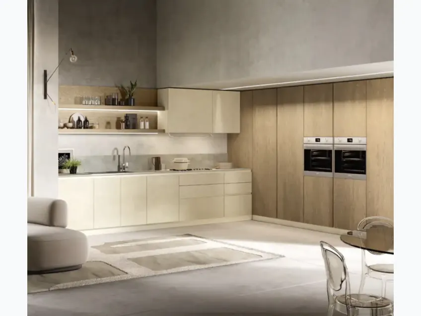 Cucina Moderna angolare Venere 03 in laccato e rovere biondo di Moretti Cucine