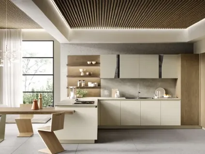 Cucina Moderna con penisola Venere 05 in laccato e rovere tabacco di Moretti Cucine