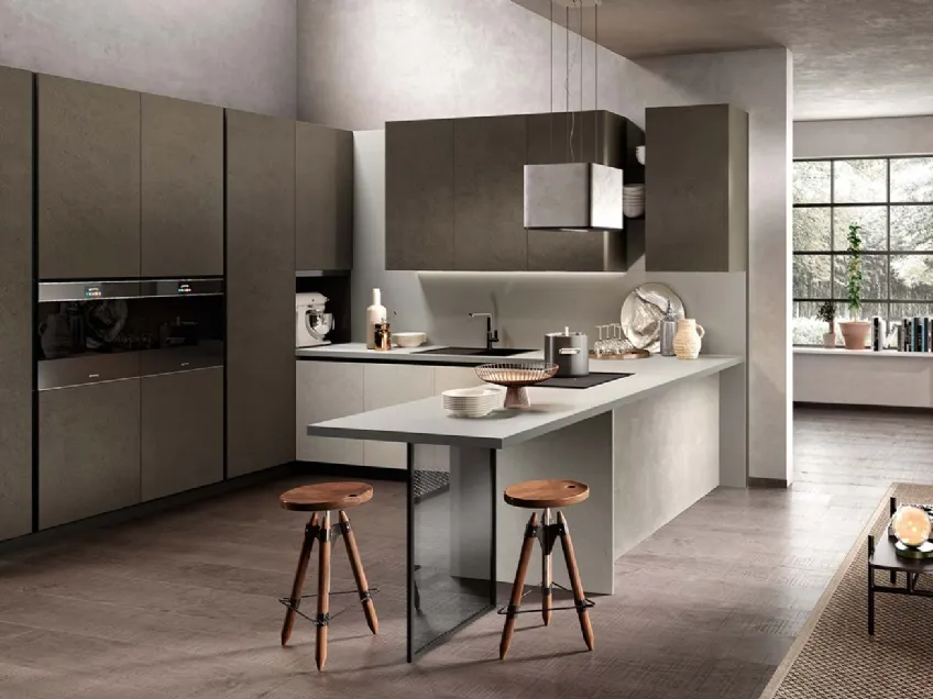 Cucina Moderne Venere laccato malta opaco Ardesia e Nebbia con penisola di Moretti Cucine