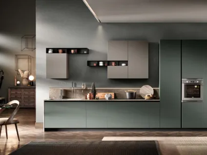 Cucina Moderne Venere Laccato opaco Muschio e Perla con marmo Botticino di Moretti Cucine