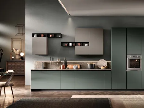Cucina Moderne Venere Laccato opaco Muschio e Perla con marmo Botticino di Moretti Cucine