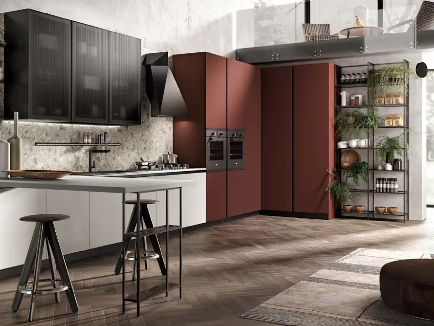 Cucina Moderne Venere in Fenix Rosso e laccato opaco Bianco con penisola di Moretti Cucine