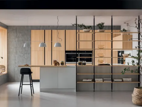 Cucina Moderna angolare Xilo 04 in bianco everest touch e Rovere Naturale di Gicinque